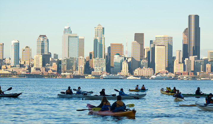 Sea Kayakers from Alki Kayaks on Elliott Bay, Seattle, WA USA