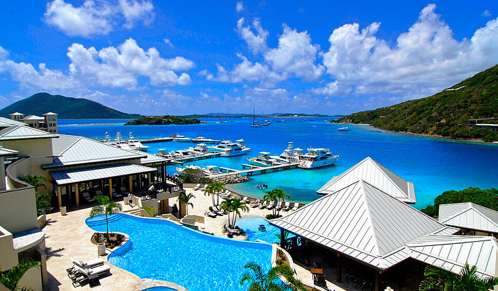 British Virgin Islands, SCRUB Island,

wide OVERVIEW pools to marina & sea